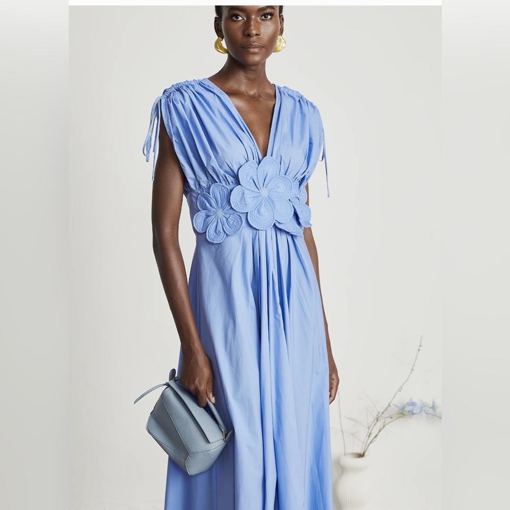 NWT Sky Blue Midi Dress with Floral Waist Appliqué